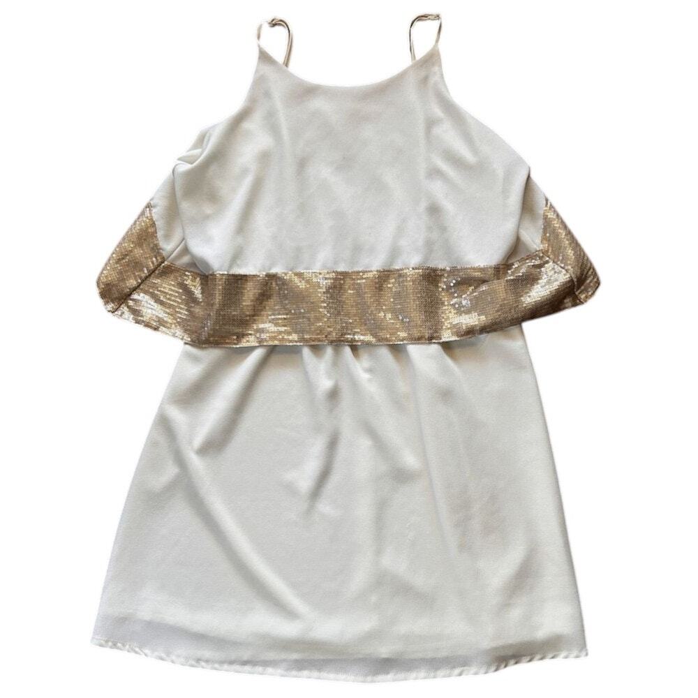 Esley Adjustable Spaghetti Strap Lined Cream & Gold Sequin Mini Dress Small